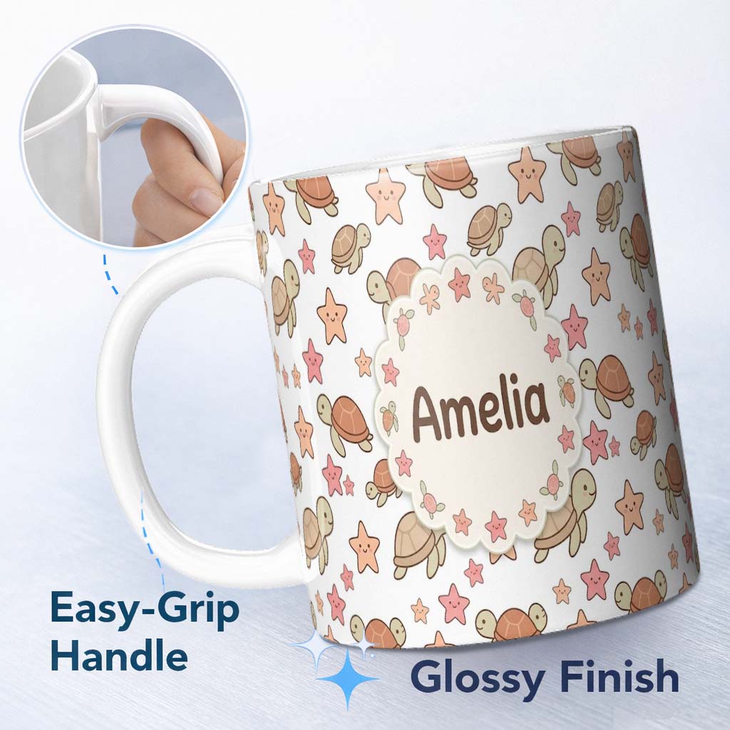 Personalized Custom Name Cute Sea Turtles And Starfish Kawaii Grey Ocean Seamless Pattern 11oz Ceramic Coffee Tea Mug White Large Handle