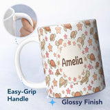 Personalized Custom Name Cute Sea Turtles And Starfish Kawaii Grey Ocean Seamless Pattern 11oz Ceramic Coffee Tea Mug White Large Handle