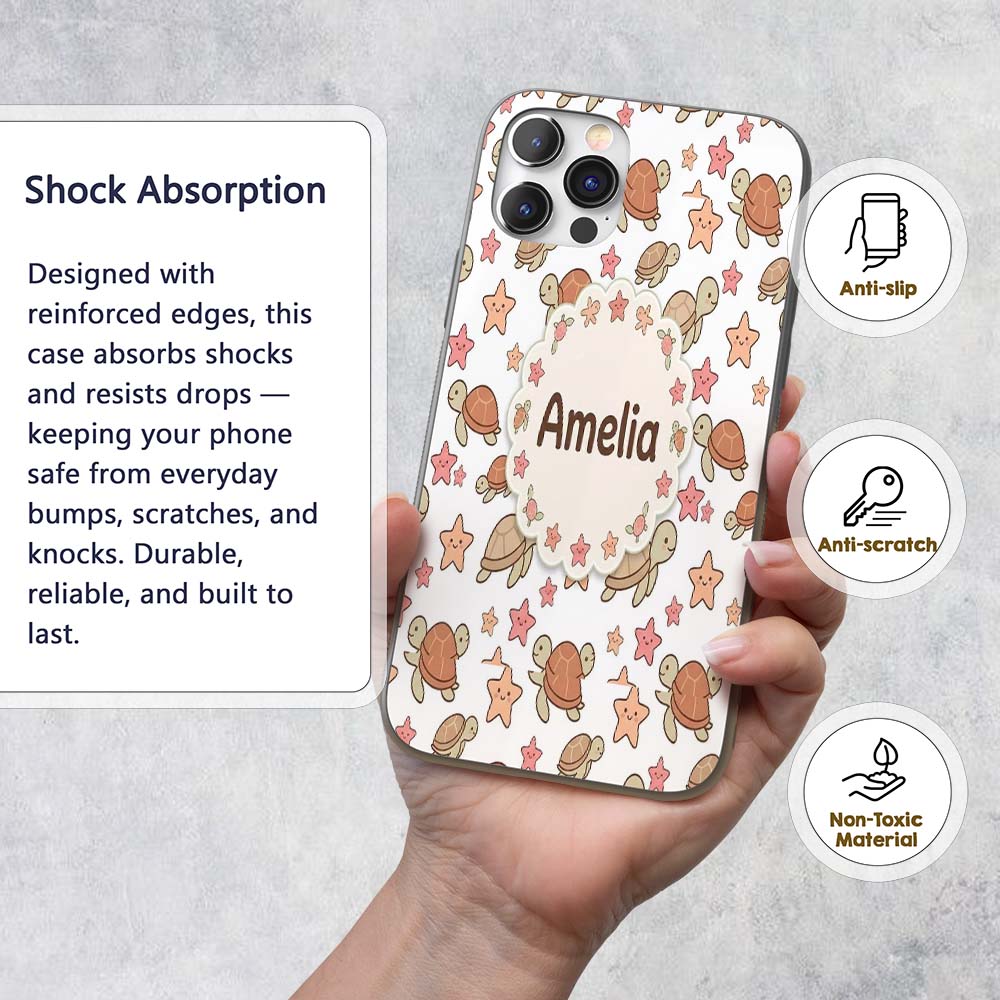 Cute Sea Turtles And Starfish Kawaii Grey Ocean Custom Name Protective Phone Case Mobile Cover Durable Everyday Smartphone Shock Resistant