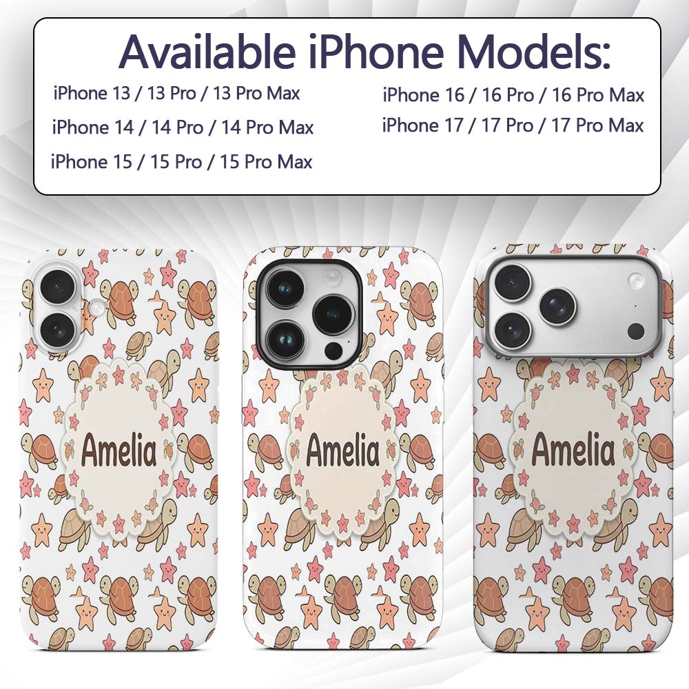 Cute Sea Turtles And Starfish Kawaii Grey Ocean Custom Name Protective Phone Case Mobile Cover Durable Everyday Smartphone Shock Resistant