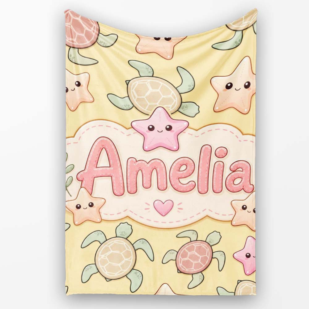 Cute Sea Turtles And Starfish Kawaii Yellow Ocean Seamless Pattern  Personalised Custom Name Super Soft Fleece Blanket Bed Sofa Throw