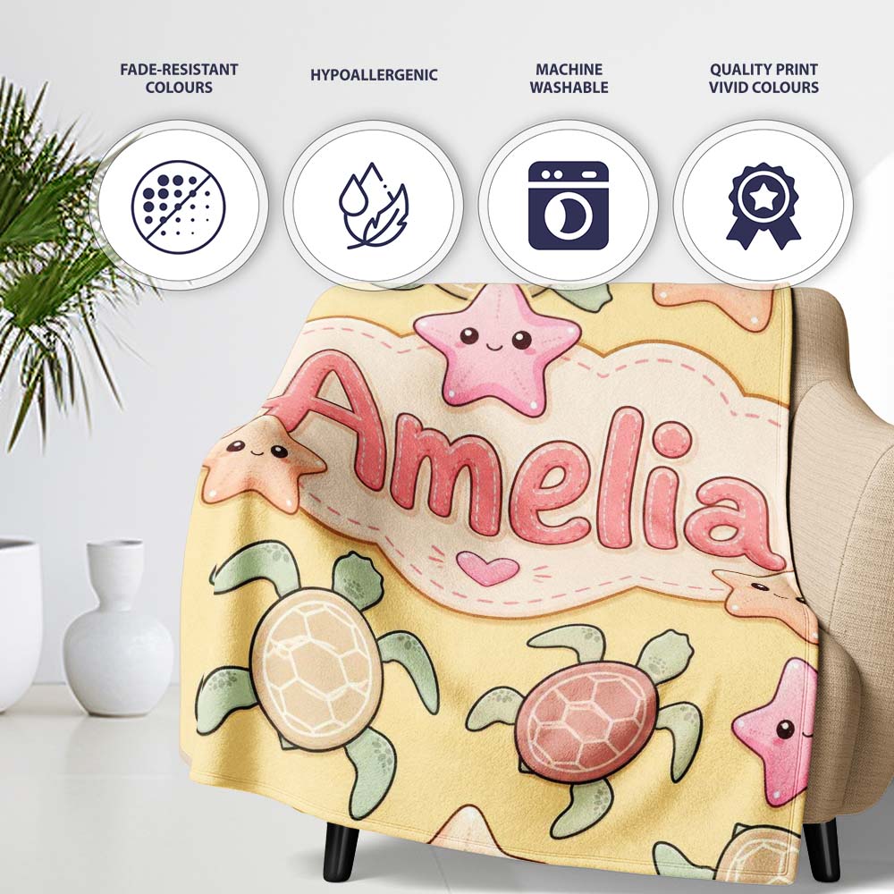 Cute Sea Turtles And Starfish Kawaii Yellow Ocean Seamless Pattern  Personalised Custom Name Super Soft Fleece Blanket Bed Sofa Throw