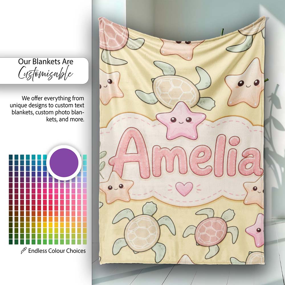 Cute Sea Turtles And Starfish Kawaii Yellow Ocean Seamless Pattern  Personalised Custom Name Super Soft Fleece Blanket Bed Sofa Throw