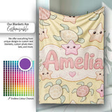 Cute Sea Turtles And Starfish Kawaii Yellow Ocean Seamless Pattern  Personalised Custom Name Super Soft Fleece Blanket Bed Sofa Throw