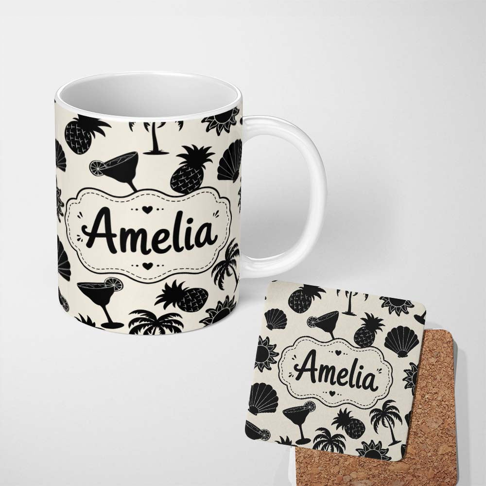 Personalized Custom Name Tropical Beach Pineapple Cocktail Shell Palm Seamless Pattern Name 11oz Ceramic Coffee Tea Mug White Large Handle