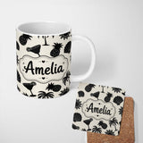 Personalized Custom Name Tropical Beach Pineapple Cocktail Shell Palm Seamless Pattern Name 11oz Ceramic Coffee Tea Mug White Large Handle