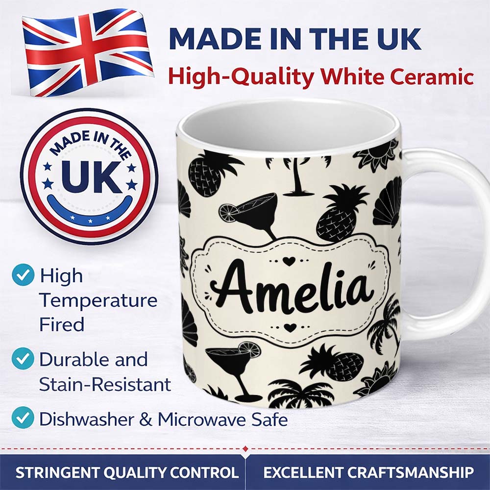 Personalized Custom Name Tropical Beach Pineapple Cocktail Shell Palm Seamless Pattern Name 11oz Ceramic Coffee Tea Mug White Large Handle