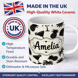 Personalized Custom Name Tropical Beach Pineapple Cocktail Shell Palm Seamless Pattern Name 11oz Ceramic Coffee Tea Mug White Large Handle