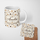 Personalized Custom Name Minimal Coffee Cups and Leaves Neutral Tone Seamless Pattern Lovely 11oz Ceramic Coffee Tea Mug White Large Handle