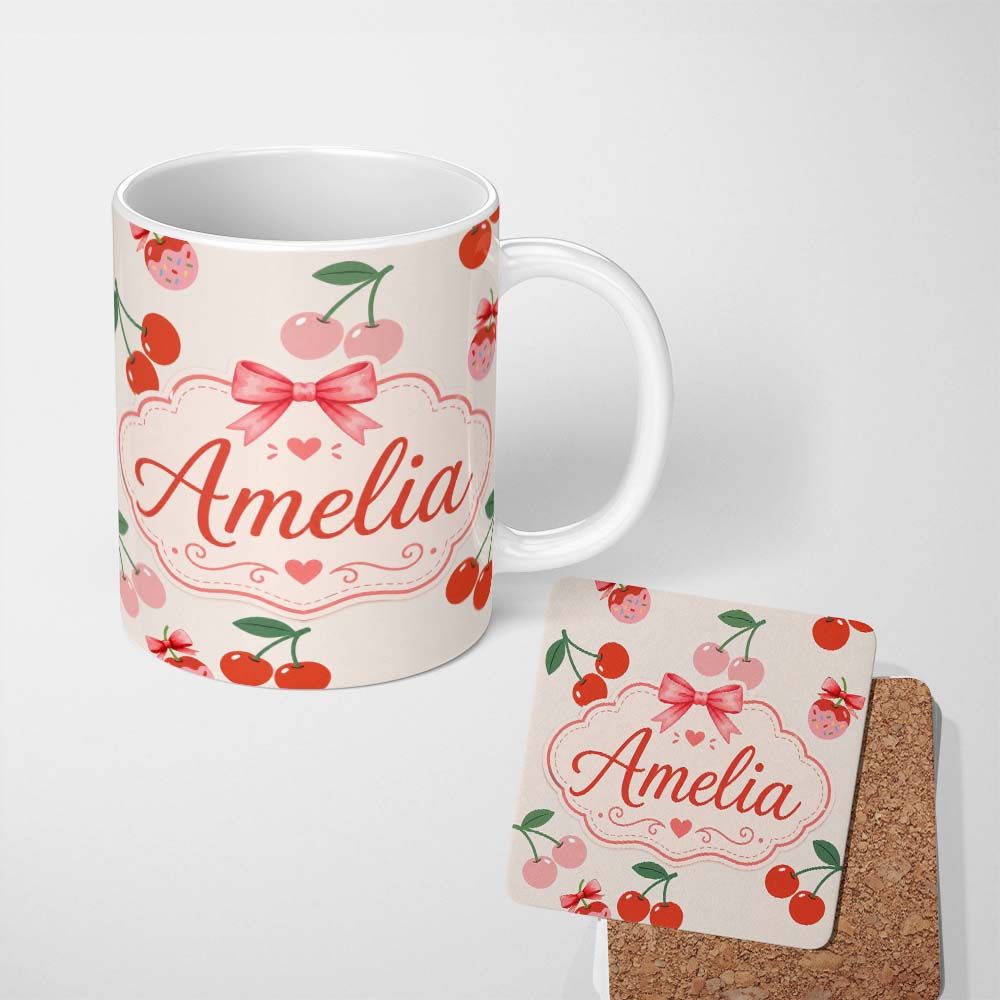 Personalized Custom Name Cute Cherry Fruit with Bow and Sprinkles Seamless Pattern Warm Beige 11oz Ceramic Coffee Tea Mug White Large Handle