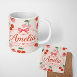 Personalized Custom Name Cute Cherry Fruit with Bow and Sprinkles Seamless Pattern Warm Beige 11oz Ceramic Coffee Tea Mug White Large Handle