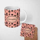 Personalized Custom Name Tropical Beach Pineapple Cocktail Shell Palm Peach Seamless Pattern 11oz Ceramic Coffee Tea Mug White Large Handle