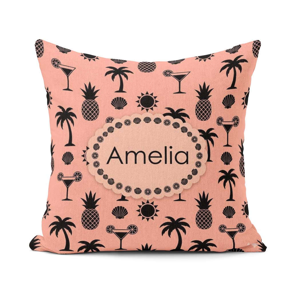 Custom Name Tropical Beach Pineapple Cocktail Shell Palm Pattern Square Filled Cushion Throw Pillow Sofa Bed Home Decor Zip Washable UK Made