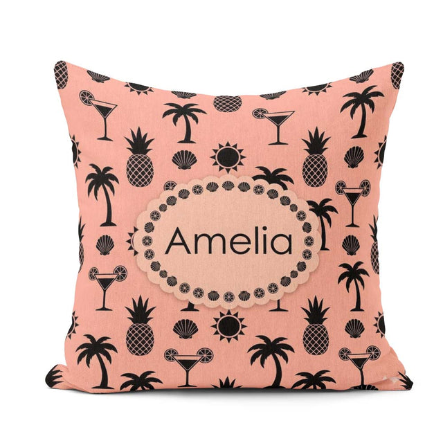 Custom Name Tropical Beach Pineapple Cocktail Shell Palm Pattern Square Filled Cushion Throw Pillow Sofa Bed Home Decor Zip Washable UK Made