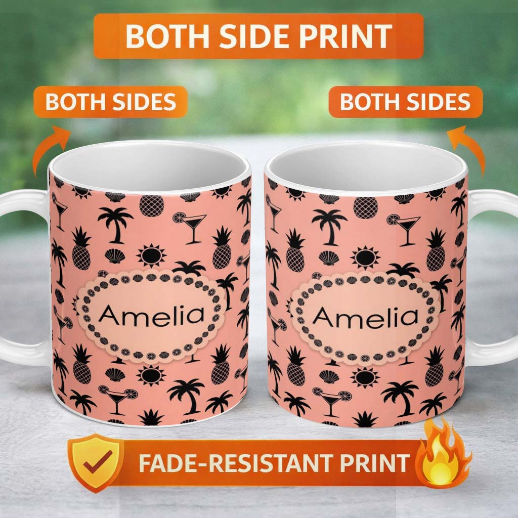 Personalized Custom Name Tropical Beach Pineapple Cocktail Shell Palm Peach Seamless Pattern 11oz Ceramic Coffee Tea Mug White Large Handle