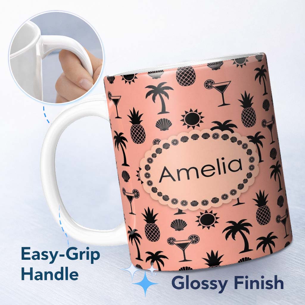 Personalized Custom Name Tropical Beach Pineapple Cocktail Shell Palm Peach Seamless Pattern 11oz Ceramic Coffee Tea Mug White Large Handle