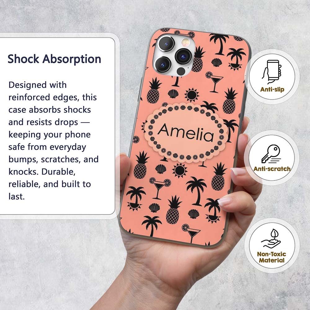 Tropical Beach Pineapple Cocktail Shell Palm Custom Name Protective Phone Case Mobile Cover Durable Everyday Smartphone Shock Resistant