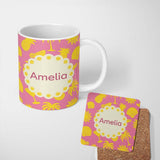 Personalized Custom Name Tropical Beach Yellow On Pink Summer Seamless Pattern Name Cute 11oz Ceramic Coffee Tea Mug White Large Handle