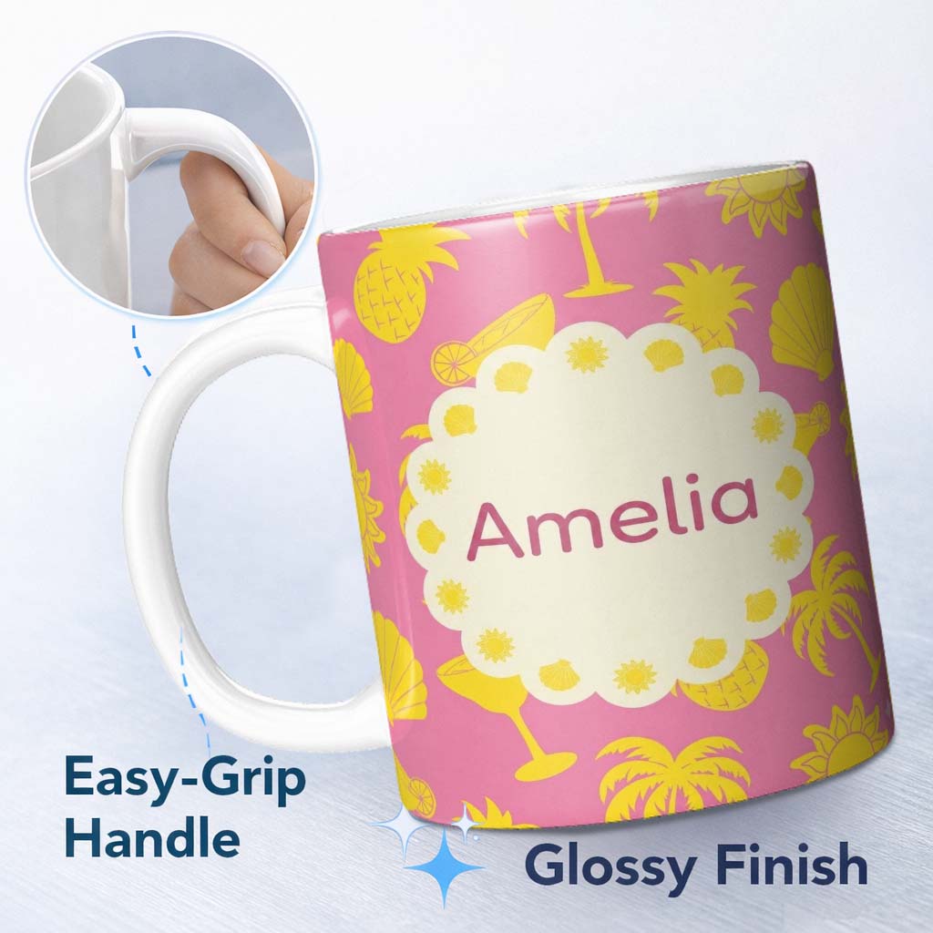 Personalized Custom Name Tropical Beach Yellow On Pink Summer Seamless Pattern Name Cute 11oz Ceramic Coffee Tea Mug White Large Handle