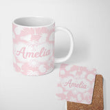 Personalized Custom Name Tropical Beach White On Soft Pink Summer Seamless Pattern Custom 11oz Ceramic Coffee Tea Mug White Large Handle