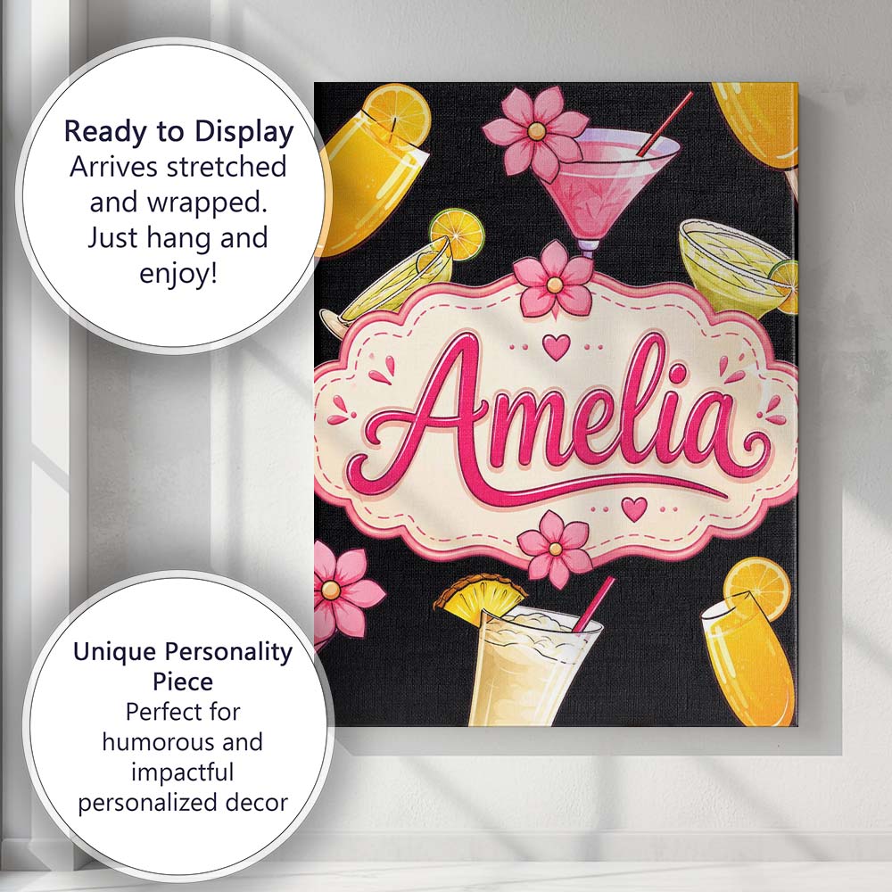 Personalised Name Colorful Cocktail Drinks Custom  Unique Gift Idea Elegant Feature Canvas Wall Art Print Decor Picture Ready to Hang
