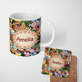 Personalized Custom Name Hawaiian Luau Tropical Characters Fun Summer Seamless Pattern Name 11oz Ceramic Coffee Tea Mug White Large Handle