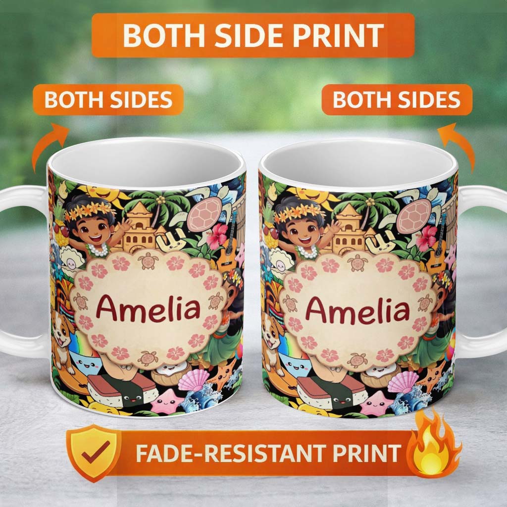 Personalized Custom Name Hawaiian Luau Tropical Characters Fun Summer Seamless Pattern Name 11oz Ceramic Coffee Tea Mug White Large Handle
