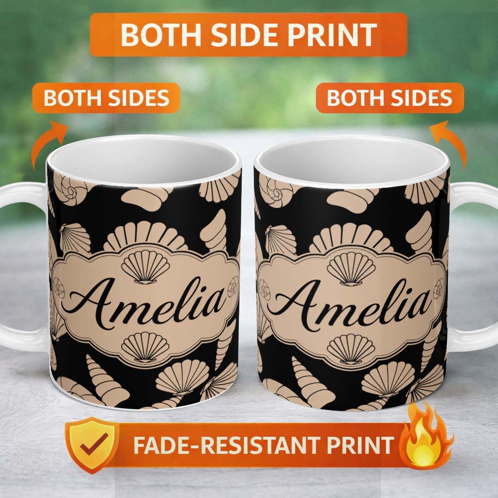 Personalized Custom Name Neutral Seashell Coastal Beige Minimal Seamless Pattern Name Cute 11oz Ceramic Coffee Tea Mug White Large Handle