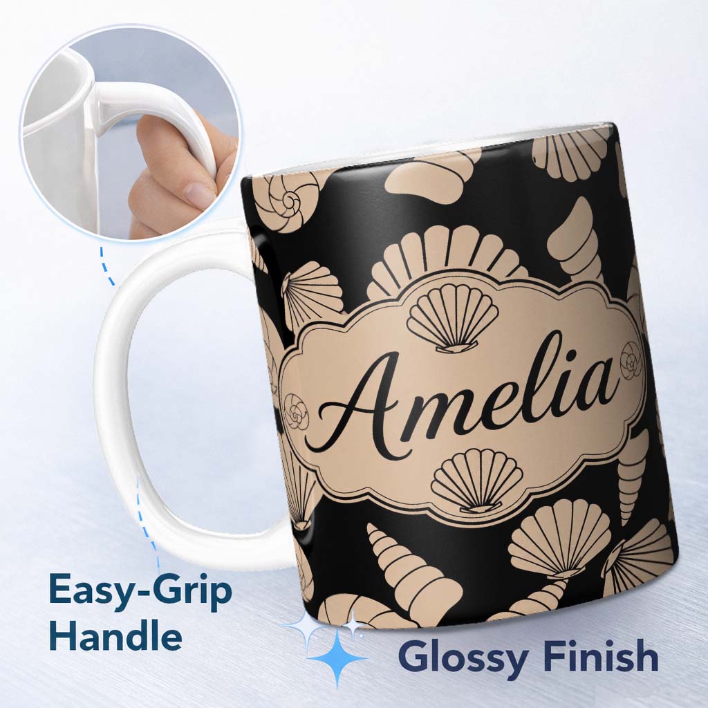 Personalized Custom Name Neutral Seashell Coastal Beige Minimal Seamless Pattern Name Cute 11oz Ceramic Coffee Tea Mug White Large Handle