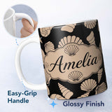 Personalized Custom Name Neutral Seashell Coastal Beige Minimal Seamless Pattern Name Cute 11oz Ceramic Coffee Tea Mug White Large Handle