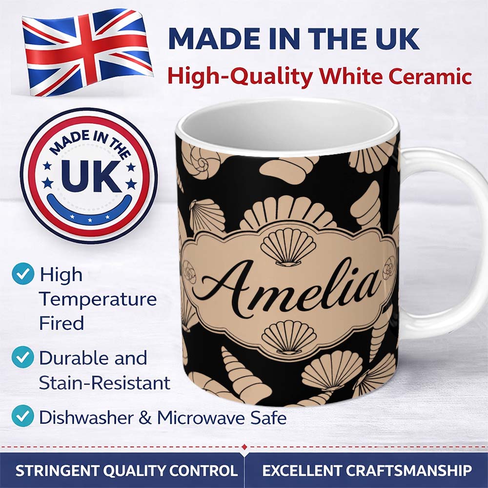 Personalized Custom Name Neutral Seashell Coastal Beige Minimal Seamless Pattern Name Cute 11oz Ceramic Coffee Tea Mug White Large Handle
