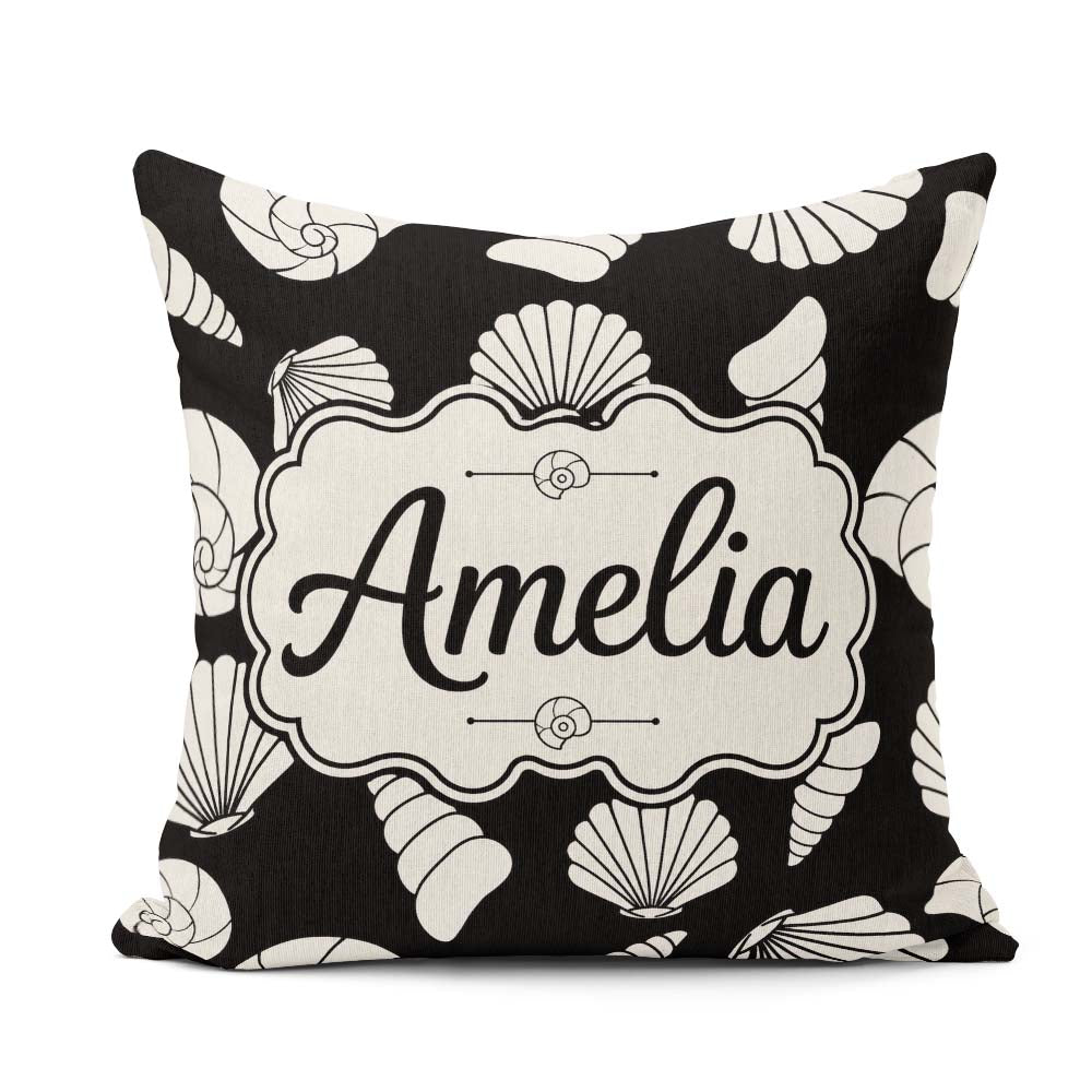 Custom Name Light Neutral Seashell Coastal Minimal Seamless Name Square Filled Cushion Throw Pillow Sofa Bed Home Decor Zip Washable UK Made