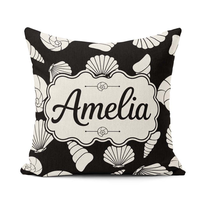 Custom Name Light Neutral Seashell Coastal Minimal Seamless Name Square Filled Cushion Throw Pillow Sofa Bed Home Decor Zip Washable UK Made