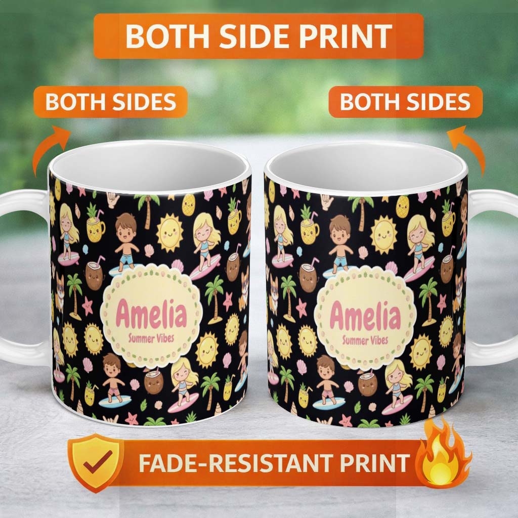 Personalized Custom Name Cute Summer Beach Kids Fun Tropical Seamless Pattern Name Unique 11oz Ceramic Coffee Tea Mug White Large Handle