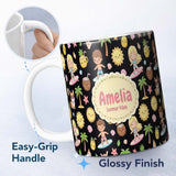 Personalized Custom Name Cute Summer Beach Kids Fun Tropical Seamless Pattern Name Unique 11oz Ceramic Coffee Tea Mug White Large Handle