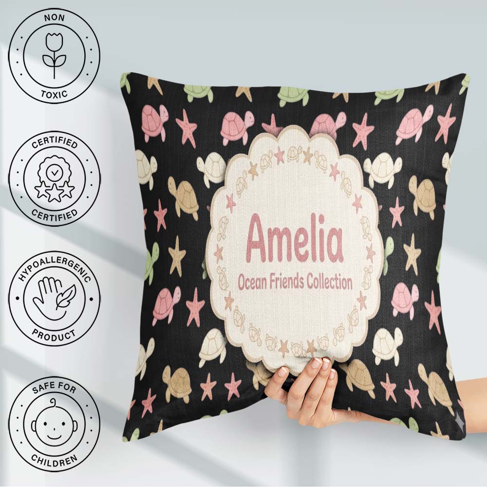 Custom Name Sea Turtles And Starfish Ocean Seamless Pattern Name Square Filled Cushion Throw Pillow Sofa Bed Home Decor Zip Washable UK Made
