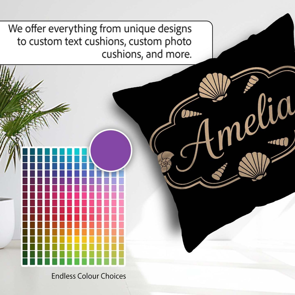 Custom Name Black Tropical Beach Silhouette Summer Seamless Name Square Filled Cushion Throw Pillow Sofa Bed Home Decor Zip Washable UK Made