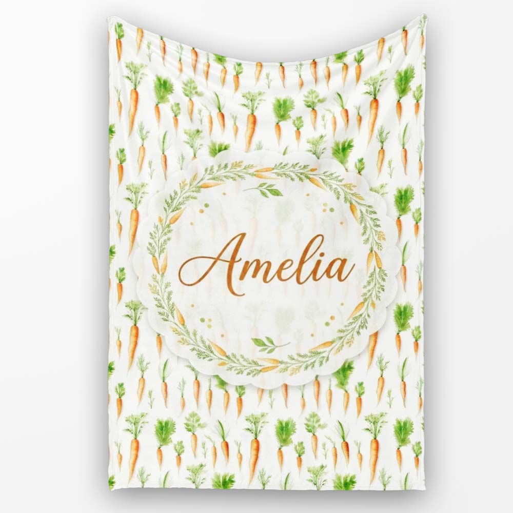 Clean White Background Carrot and Herb Botanical Seamless Pattern  Personalised Custom Name Super Soft Fleece Blanket Bed Sofa Throw