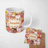 Personalized Custom Name Cute Kawaii Food Characters Sushi Drinks Desserts Seamless Pattern 11oz Ceramic Coffee Tea Mug White Large Handle