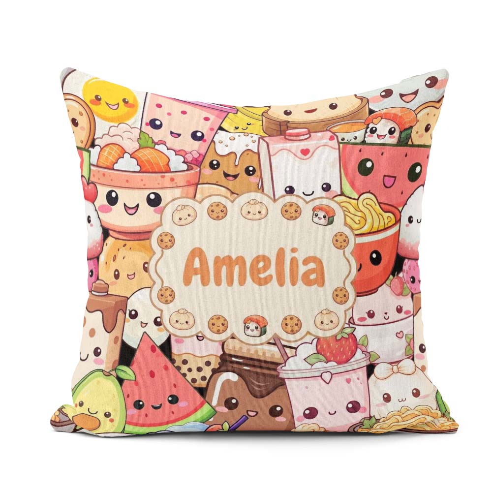 Custom Name Kawaii Food Characters Sushi Drinks Desserts Pattern Square Filled Cushion Throw Pillow Sofa Bed Home Decor Zip Washable UK Made