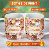 Personalized Custom Name Cute Kawaii Food Characters Sushi Drinks Desserts Seamless Pattern 11oz Ceramic Coffee Tea Mug White Large Handle