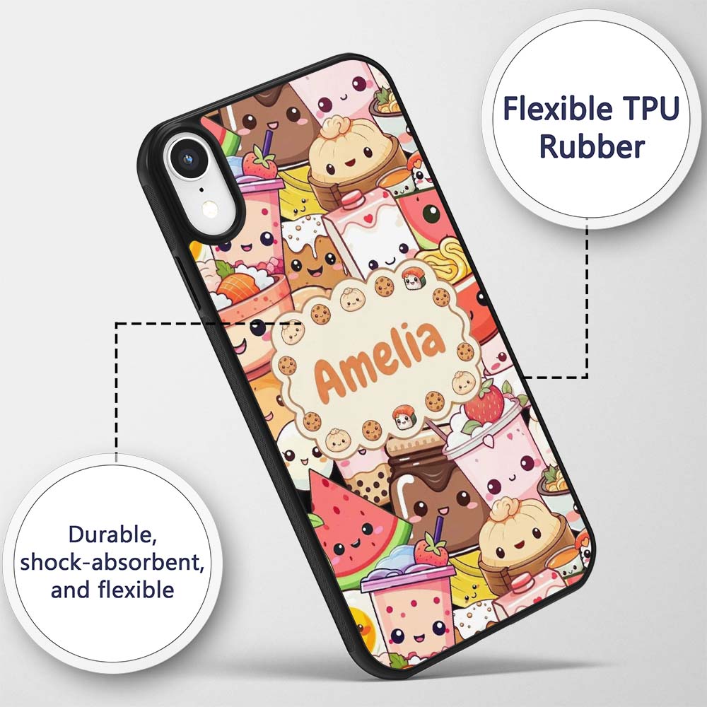 Cute Kawaii Food Characters Sushi Drinks Desserts Custom Name Protective Phone Case Mobile Cover Durable Everyday Smartphone Shock Resistant