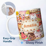 Personalized Custom Name Cute Kawaii Food Characters Sushi Drinks Desserts Seamless Pattern 11oz Ceramic Coffee Tea Mug White Large Handle