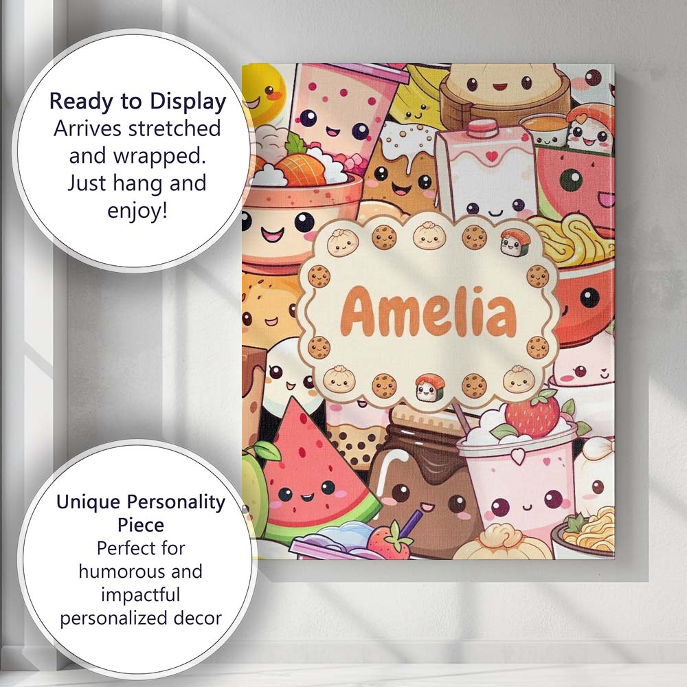Personalised Name Cute Kawaii Food Characters Custom Unique Gift Idea Modern Room Accent Canvas Wall Art Print Decor Picture Ready to Hang