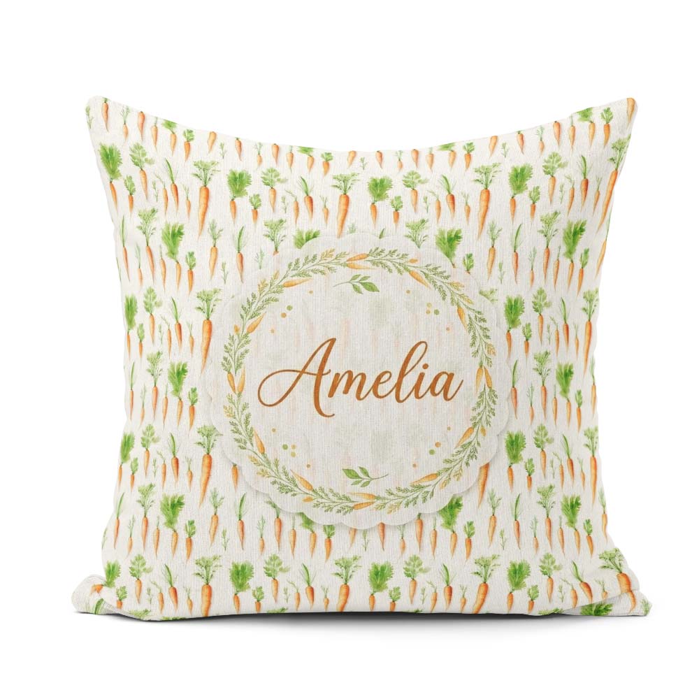 Custom Name Clean White Background Carrot and Botanical Seamless Square Filled Cushion Throw Pillow Sofa Bed Home Decor Zip Washable UK Made
