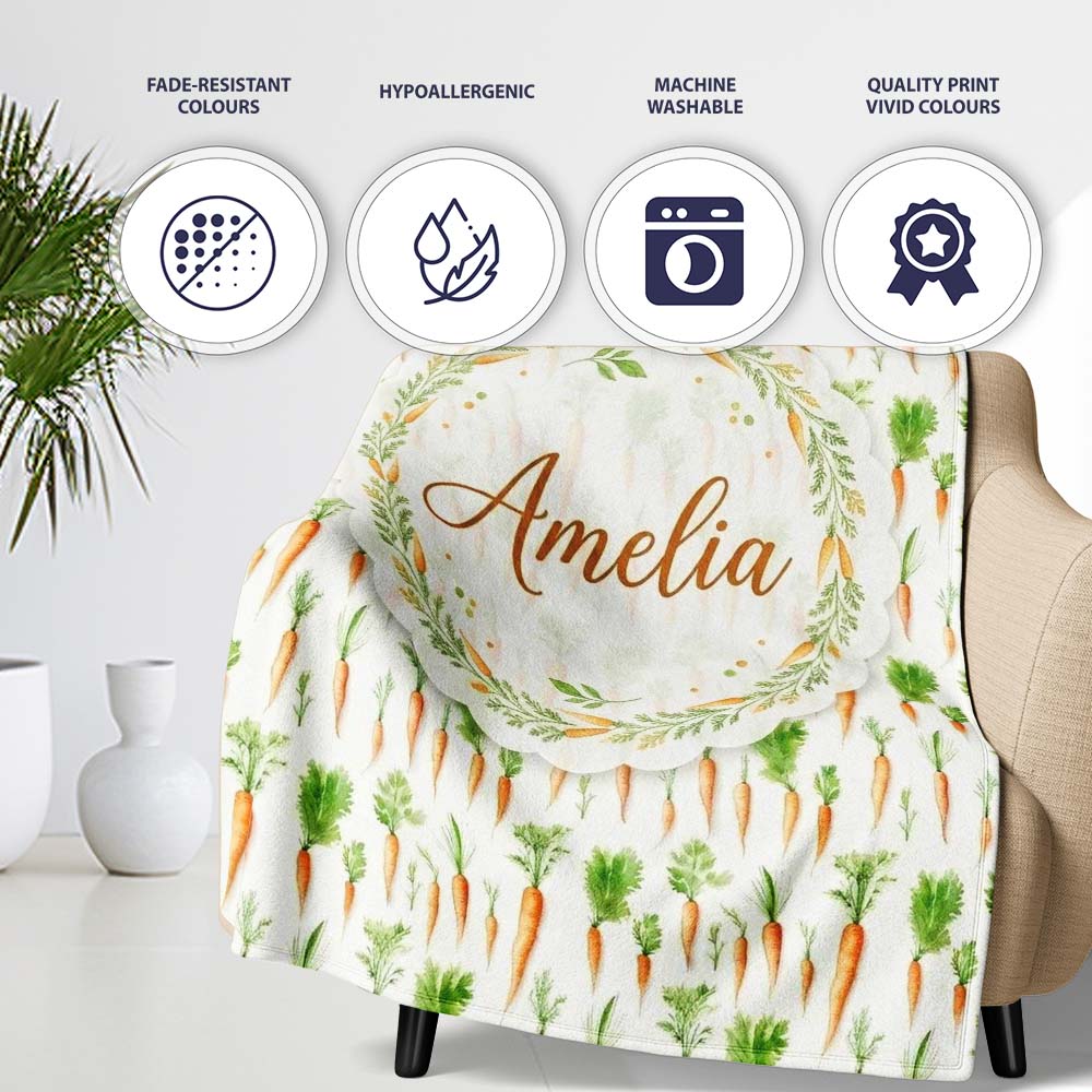 Clean White Background Carrot and Herb Botanical Seamless Pattern  Personalised Custom Name Super Soft Fleece Blanket Bed Sofa Throw