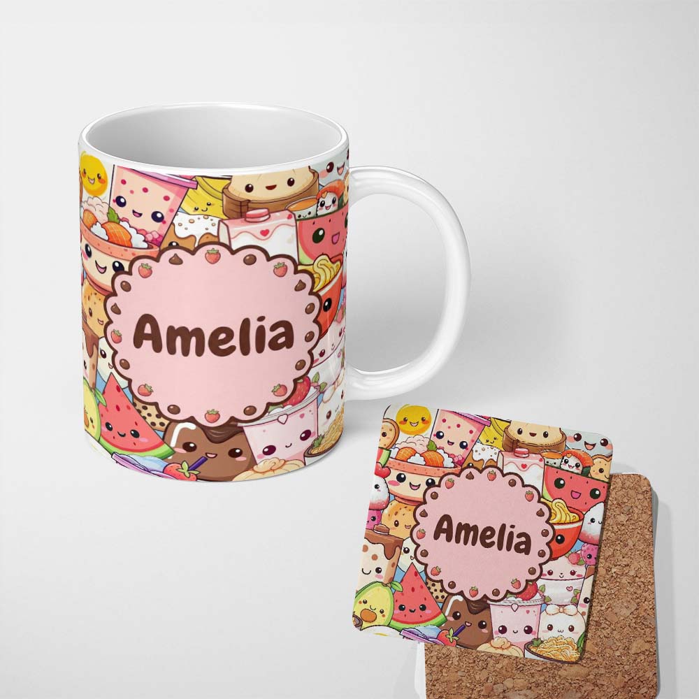 Personalized Custom Name Cute Kawaii Food Characters Sushi Drinks Desserts Blue Seamless 11oz Ceramic Coffee Tea Mug White Large Handle