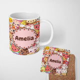 Personalized Custom Name Cute Kawaii Food Characters Sushi Drinks Desserts Blue Seamless 11oz Ceramic Coffee Tea Mug White Large Handle