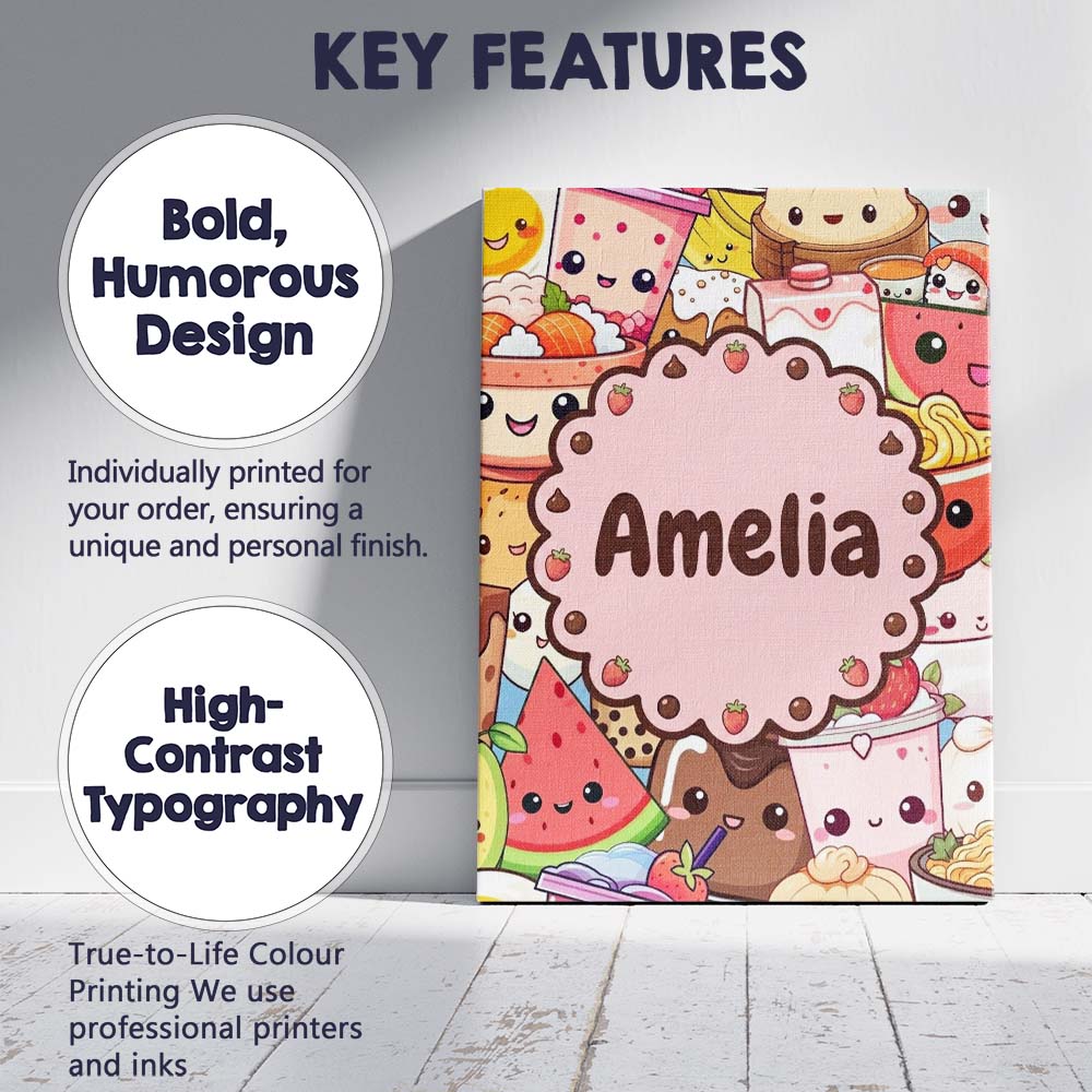 Personalised Name Cute Kawaii Food Characters Custom Unique Gift Idea Modern Room Accent Canvas Wall Art Print Decor Picture Ready to Hang