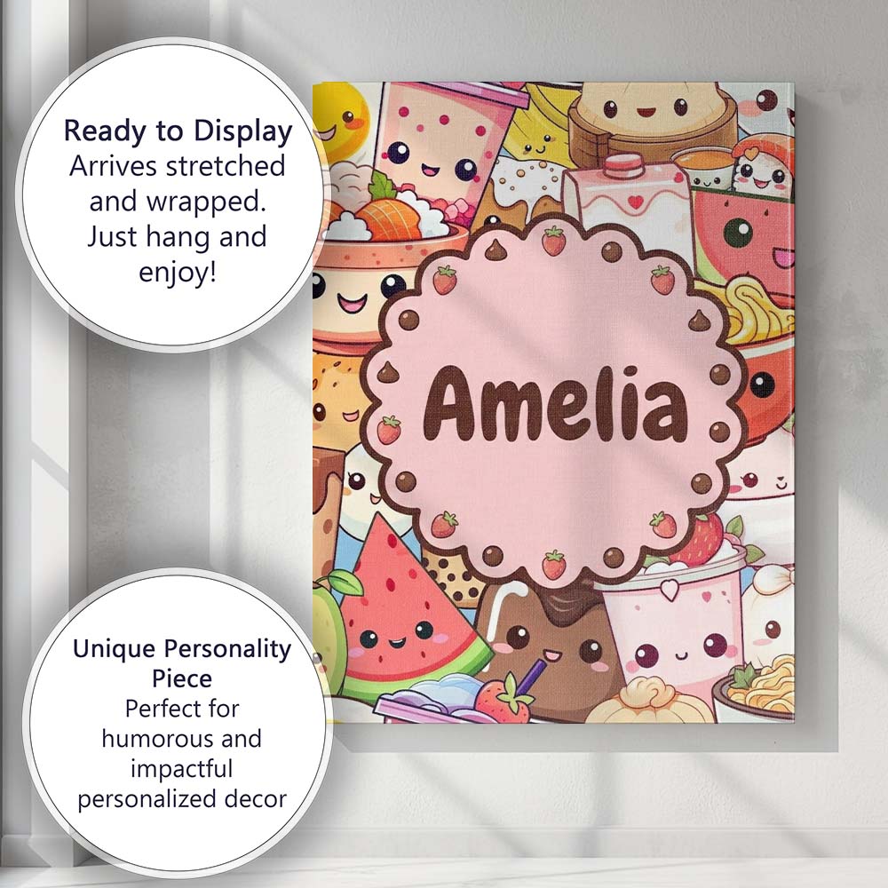 Personalised Name Cute Kawaii Food Characters Custom Unique Gift Idea Modern Room Accent Canvas Wall Art Print Decor Picture Ready to Hang